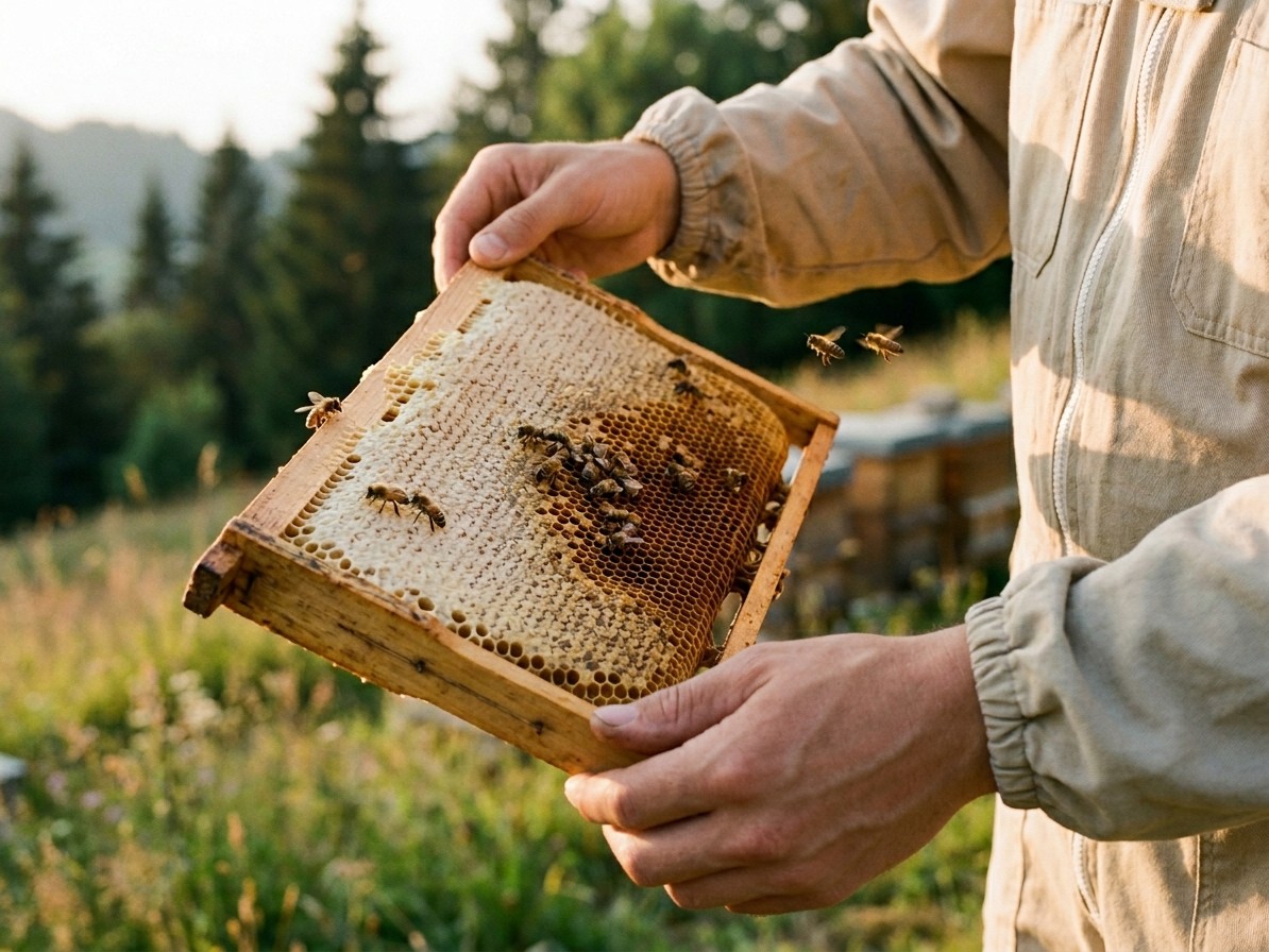 Symbolbild: Hände halten eine Honigwabe mit Bienen