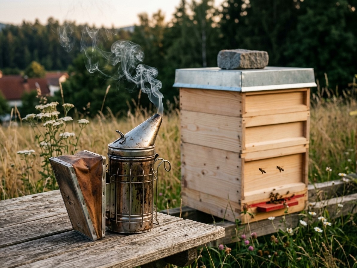 Symbolbild: Smoker neben einer Zadant-Bienenbeute