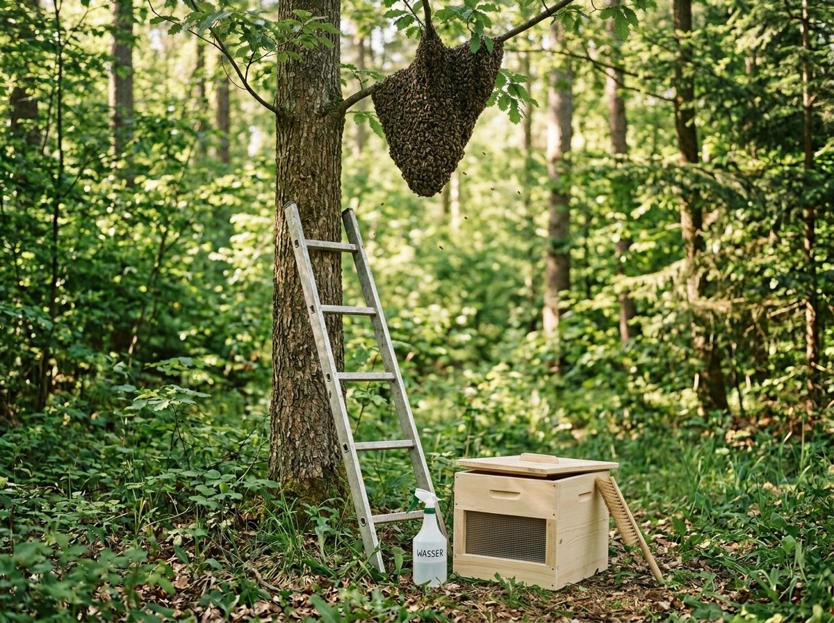 Symbolbild: Vorbereitete Schwarmfang-Ausrüstung im Wald – Leiter, Wassersprühflasche und Schwarmfangbox unter einer Schwarmtraube